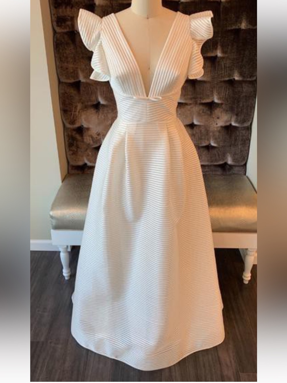 Marchesa Notte Savannah wedding dress/A-line pleated/striped/V-neck/flutter sle.